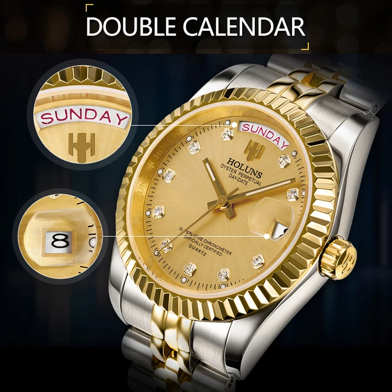 Holuns мужские часы Лидирующий бренд роскошные золотые бриллиантовые Наручные часы кварцевые бизнес полный стальной классический Календарь Неделя Relogio Masculino