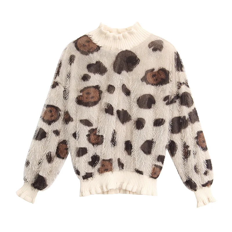 

2019 Fashion Leopard Women O-neck Pullover Sweater Cute Casual Streetwear Lantern Sleeve Knitted Sweater for Women