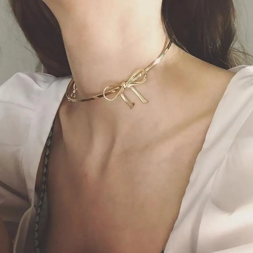 Личность 2019 Новая мода Простой Лук колье ожерелье бант золотого цвета короткое ожерелье для женщин дамы ключицы украшения