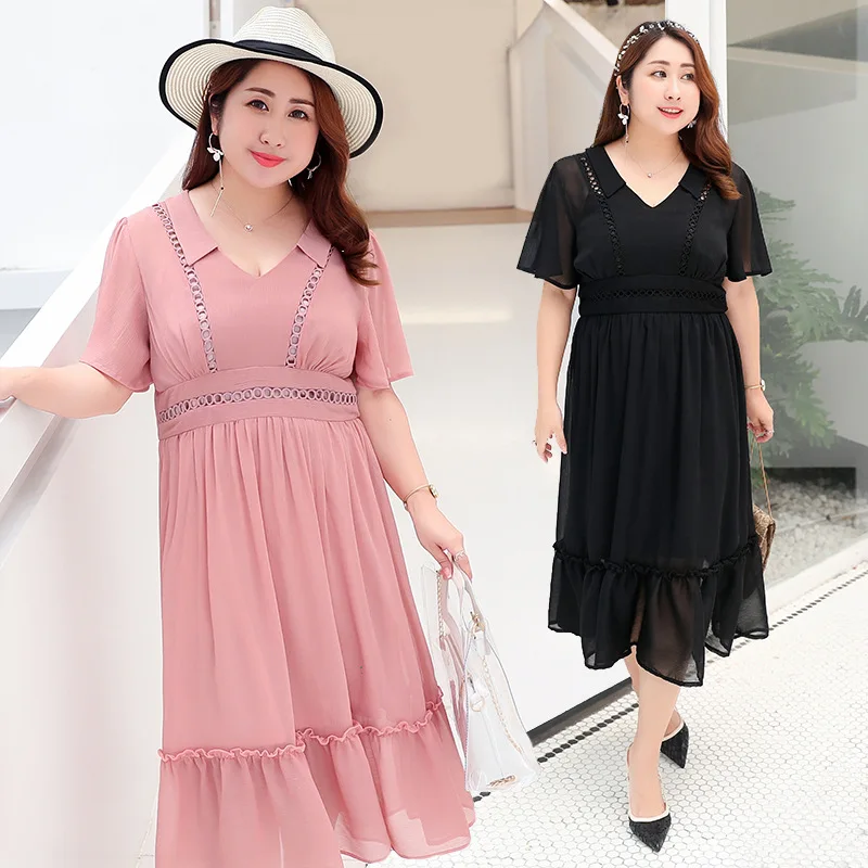 

3xl 4xl A-Line long dress plus size clothing pink black v-neck elegant chiffon summer dress casual solid women dress large size
