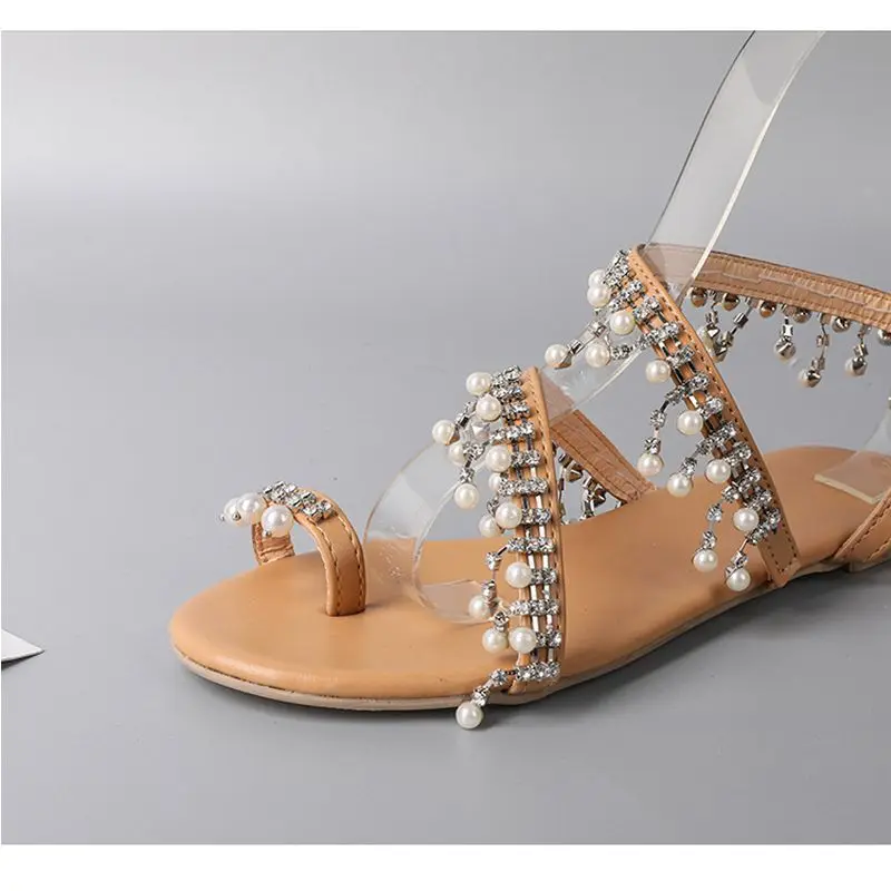 Women Sandals 2019 Summer Shoes Flat Casual Pearl Sandals String Bead Comfortable Sandals Women Crystals Shoes Size 35 - 43