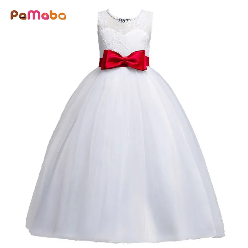 

PaMaBa New Year Party Dresses for Girls and Teenagers Bow Tie Belted Lace Princess Ball Gown Costume Formal Occasion Vestidos