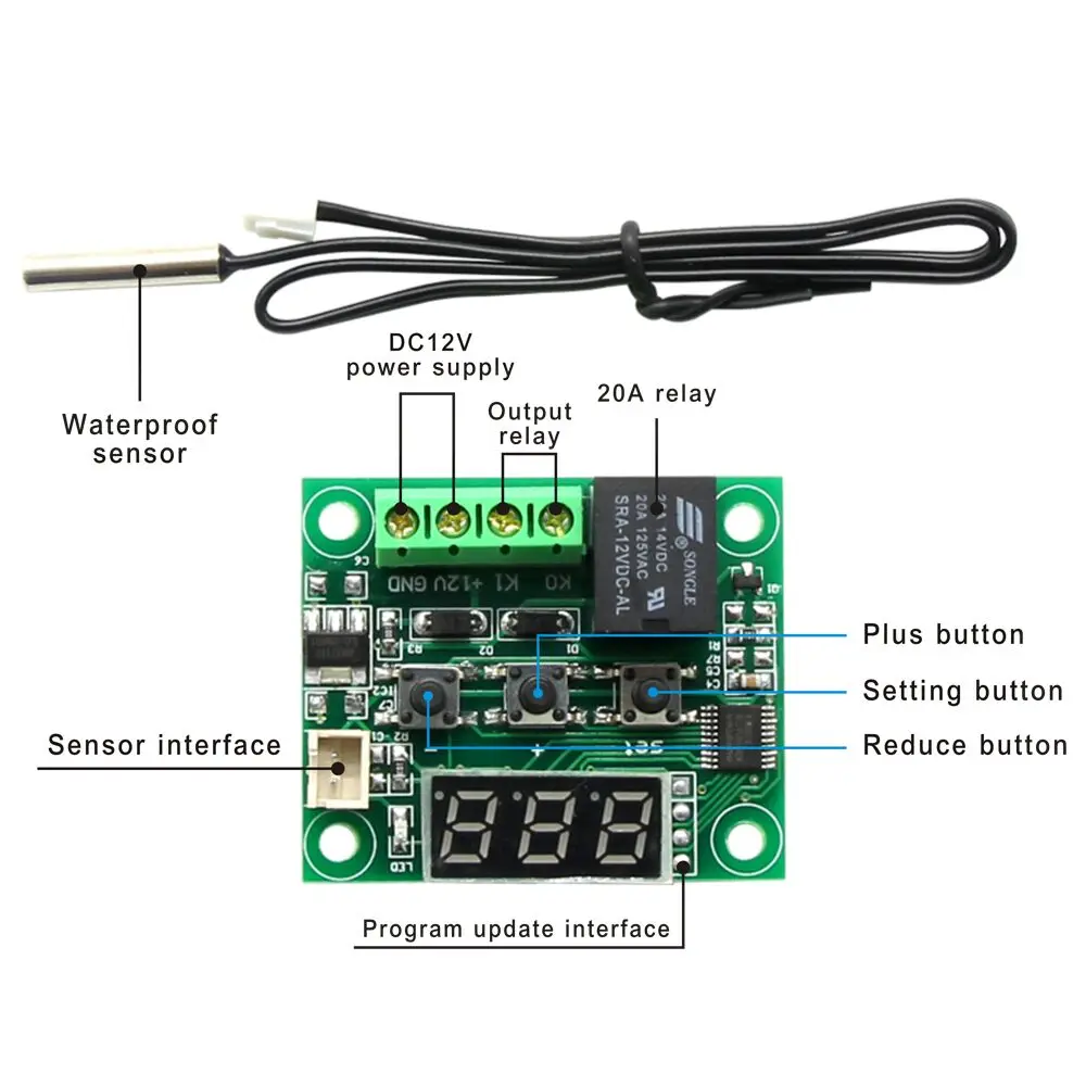 DC 12V W1209 Digital Cool/Heat Temp Thermostat Thermometer Temperature Controller On/Off Switch-50-110C+W1209 Case Acrylic Box