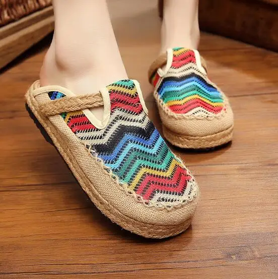 

2019 Women Embroidered Linen Close Toe Slippers Ladies Comfort Flat Hemp Platforms Slide espadrilles Shoes