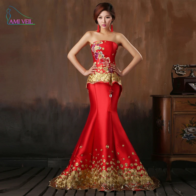 Chinese style Red Wedding Dresses Long Design Married