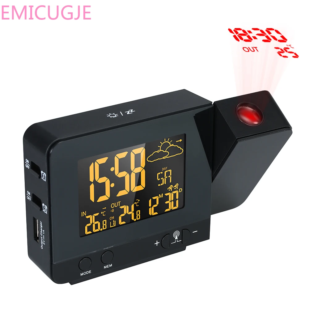 

Radio-Controlled Projection USB Charging Alarm Clock Digital LCD Alarm Clock Weather Station Temperature Hygrometer Calendar