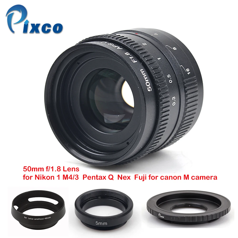 

Pixco 50mm f/1.8 APS-C Lens+ Lens Hood+ Macro Ring+16mm C Mount adapter for Nikon 1 Micro 4/3 Pentax Q Q-S1 Q10 Q7