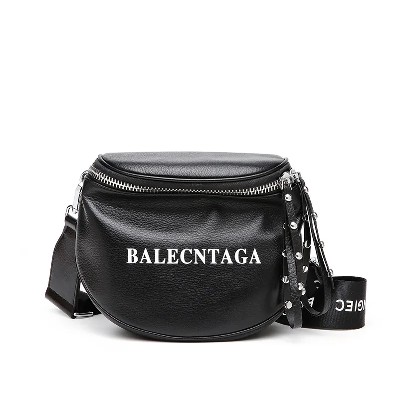 

Punk Style Genuine Leather Small Bag for Women Rivet Circular Bag Messenger Bags Fashion Wide Shoulder Strap Design Bags New