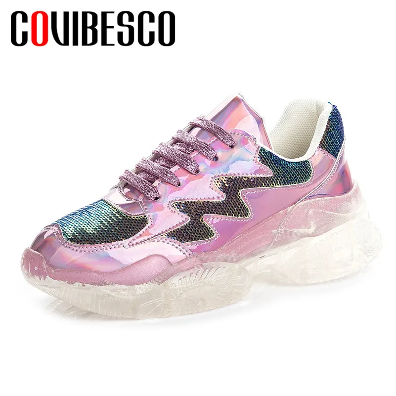 

COVIBESCO 2019 Lace Up Round Toe Women Flats Fashion Blingbling Pu Leather Comfortable Breathable Women Sneakers Office Shoes