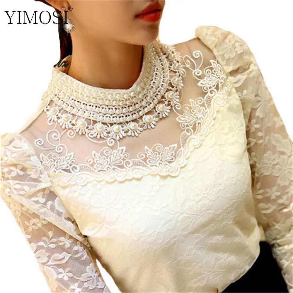 

YIMOSI Autumn Long Sleeve Bodysuit Beaded Women Lace Blouse Shirts 2019 Casual Mesh Chiffon Tops Female Crochet Blouse Plus Size
