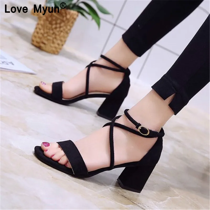 

Women Sandals Summer Open Toe Women's Sandals Low Block Heel 5CM Women Shoes Black Blue Gladiator Shoes Ankle Strappy 777