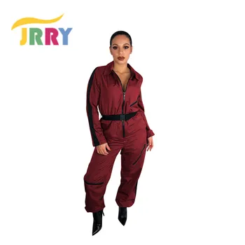 

JRRY Sexy Woman Jumpsuit Long Sleeve And Full Length V Neck Hollow Out Solid Zipper