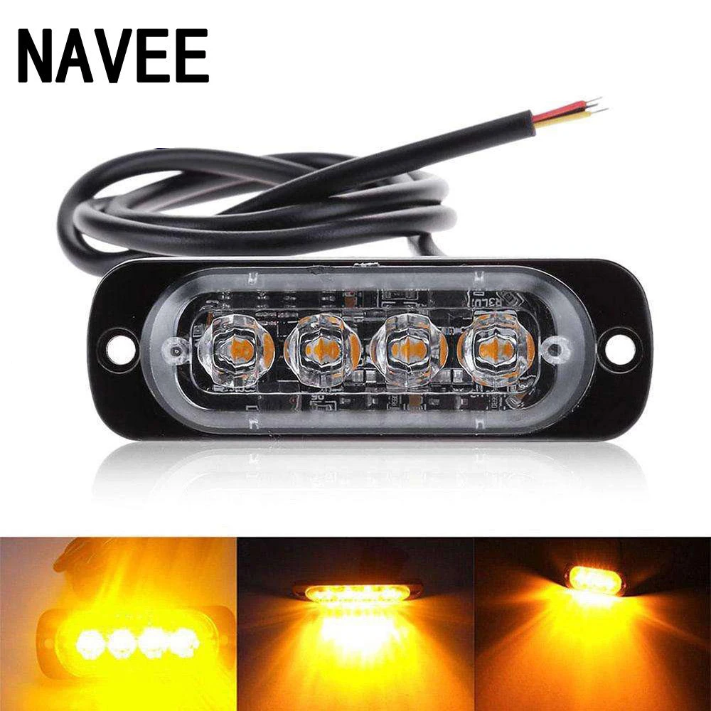 4 LED Car Flash Truck Emergency Beacon Light DC 12V 24V Amber Bar Hazard Strobe Warning Lamps