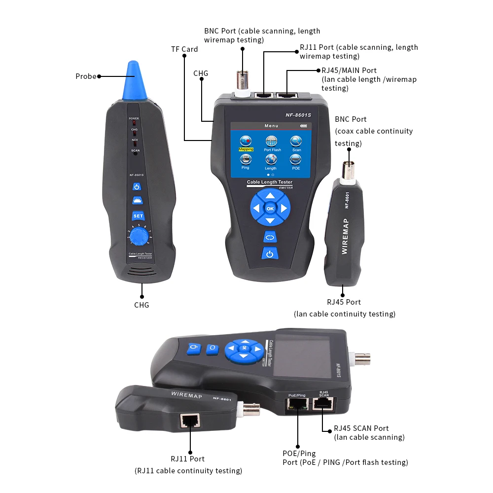 RJ45 RJ11 TDR сетевой жк-тестер кабеля NF-8601S Многофункциональный трекер для BNC ручной металлический кабель PING/POE инструмент тестирования