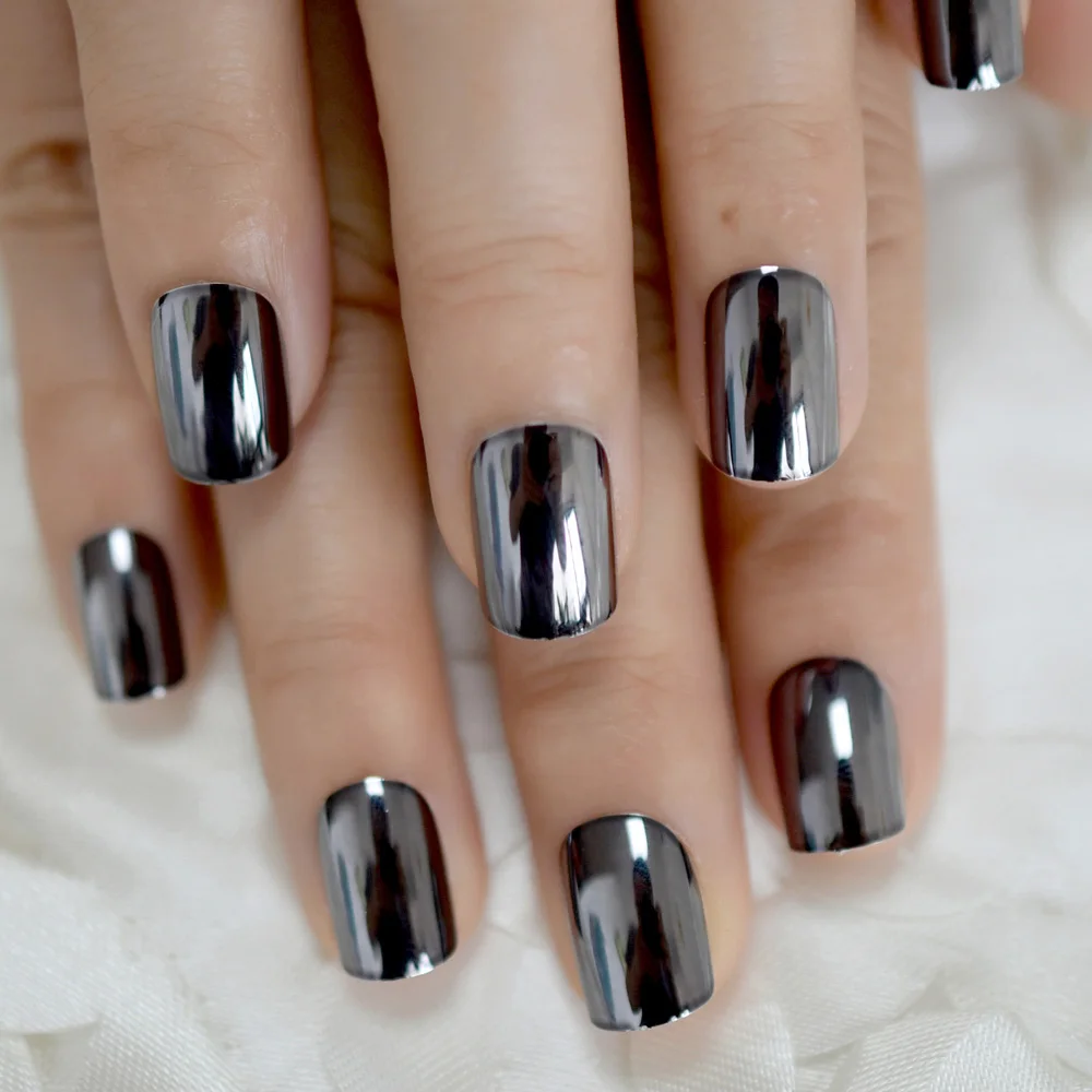  Dark Color Mirror Nails Medium Size Squoval Metallic False Nails Deep Grey Korea Manicure Tips 24 C