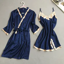 Женский халат с коротким рукавом, 2 предмета, шелковые, атласные, с кружевами, женский сексуальный комплект нижнего белья, Халат+ пижамы, летняя одежда для сна