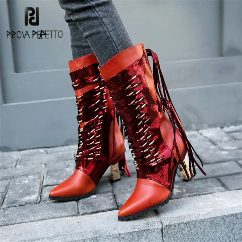 

Prova Perfetto Sexy Red Women High Boots Fringed Pointed Toe Autumn Winter Boot Female Riding Boots High Heel Botas Mujer