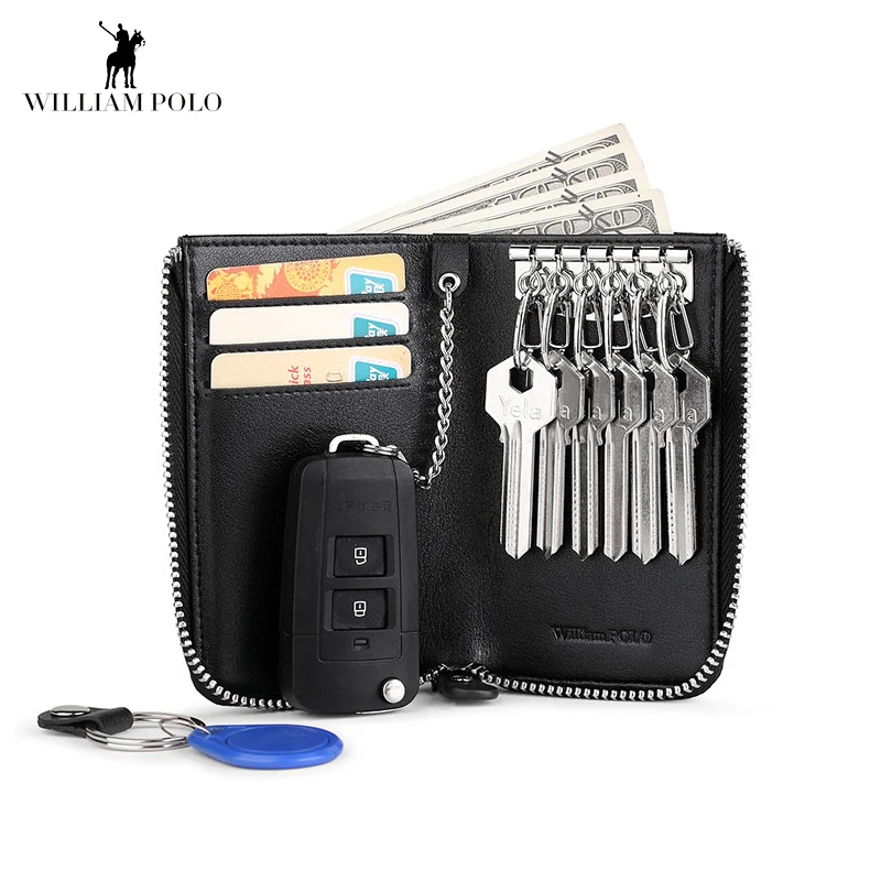 

WilliamPOLO Car Key Holder Keys Organizer Genuine Leather New Men Wallet Cover Six Key Bag Hook Zipper Case With Card Holder