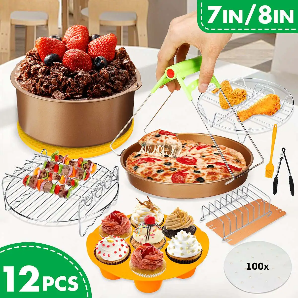 

12Pcs Set 7/8 inch Air Fryer Accessories Kitchen Tools For Gowise Phillips Cozyna and Secura, Fit For Air fryer 3.2QT to 6.8QT