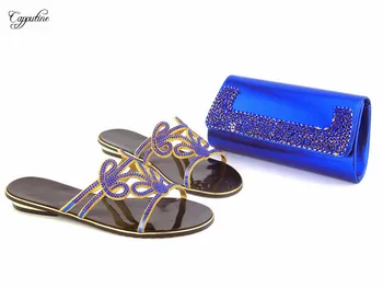 

Popular royal blue leisure African slipper shoes and bag set with rhinestones 112-1, 4 color
