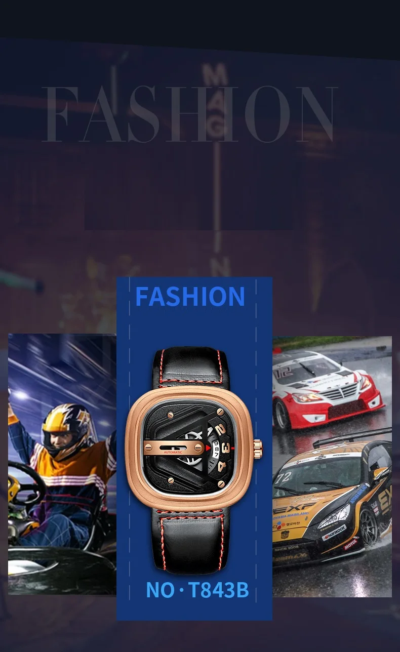 [Dropshpping] TEVISE Men Mechanical Watch T834B Date Calfskin Strap Automatic Movement Waterproof Watch Men Unique Male Clock (2)