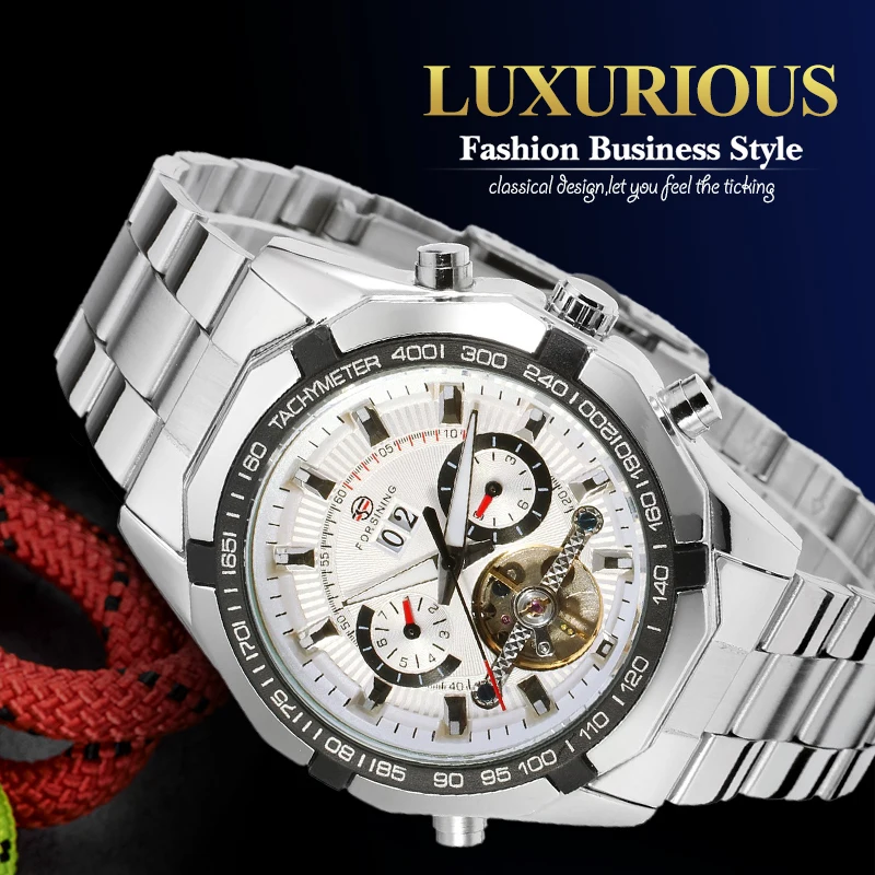 

Forsining Automatic Dress Wristwatch Big Dial Mechanical Watches with Stainless Steel Band for Men Gift Box