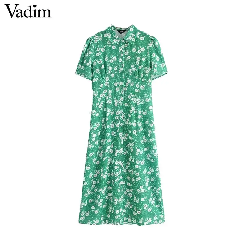 

Vadim women elegant floral dots print midi dress short sleeve turn down collar single breasted female straight dresses QB693