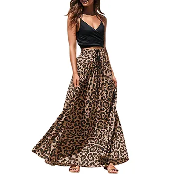 

skirts Womens Leopard Print Long Drawstring Pleated High Waisted Bohemian Maxi Skirt