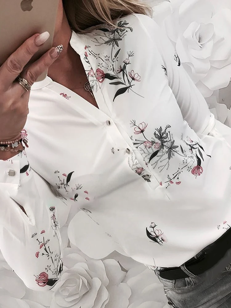 

2019 Women Elegant Fashion Brief Workwear Basic Shirt Female Top Regular Floral Print Long Sleeve Casual Shirt