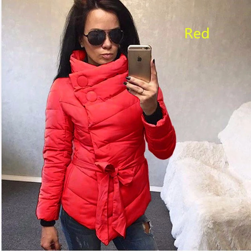 

Winter Quilted Jacket Women 2018 New Fashion Irregular Parka Women High Neck Button Belt Coat Female Short Outerwear Overcoat