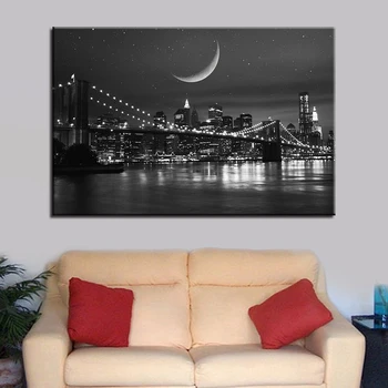 

1 Pcs Black White Brooklyn Bridge New York City Night Picture Wall Art Home Decor Poster Canvas Painting Cuadros Decoracion