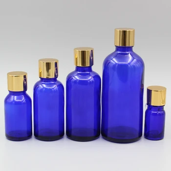 

2/10pcs 5ml 10ml 15ml 20ml 30ml 50ml 100ml Empty Blue Glass Perfum Essential Oil Bottles with Light Gold Aluminum Cover Cap Lid