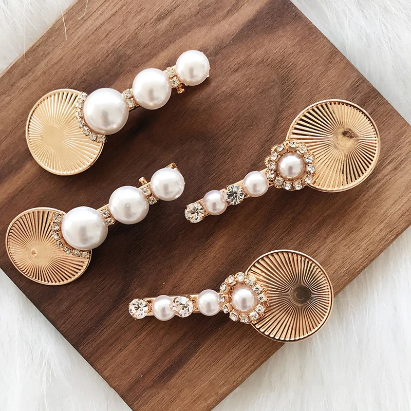 

Women Fashion Vintage Metal Disc Shape Hair Clip Hairpins Crystal Imitiation Pearl Hair Accessories Headdress Barrettes
