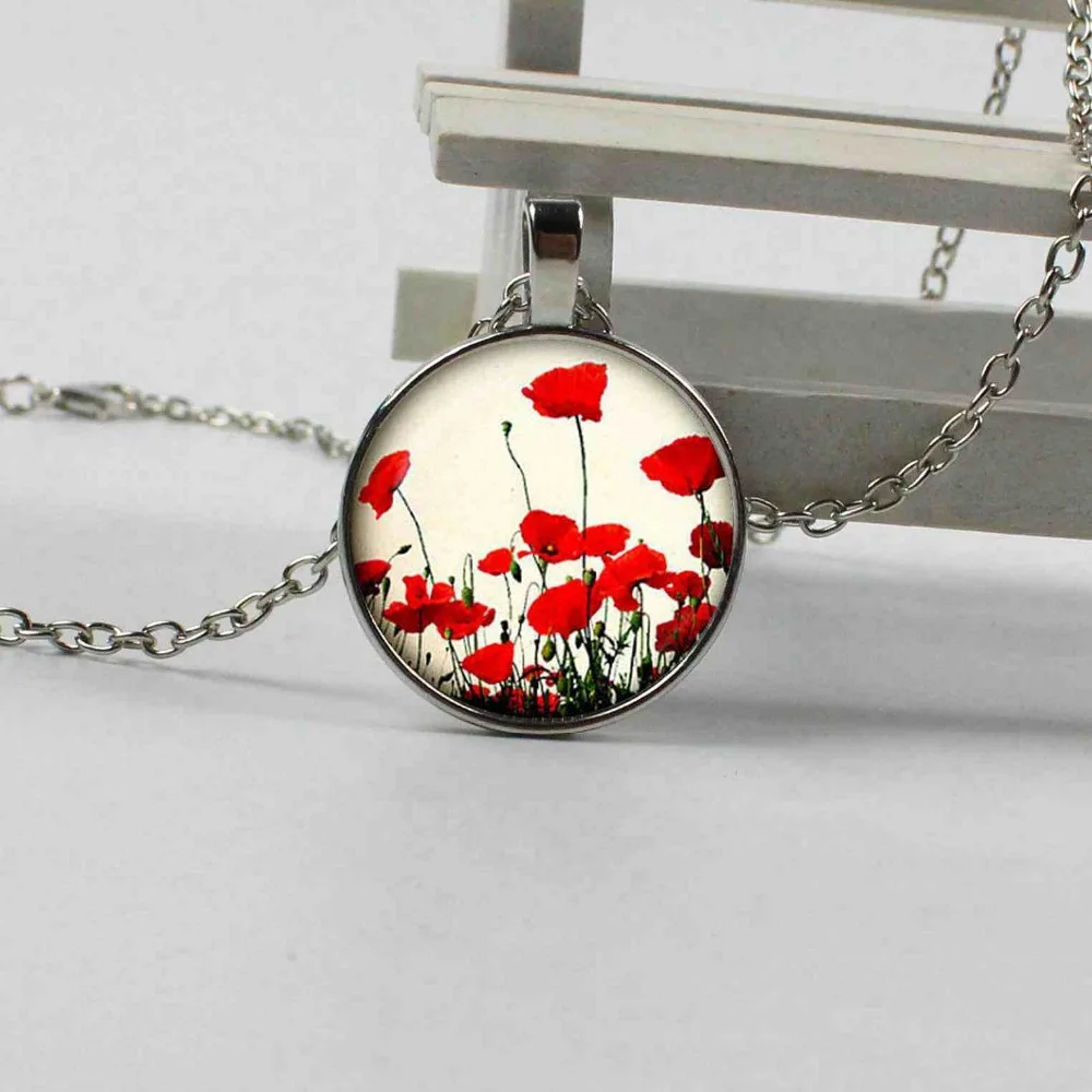 

2018 new hot poppy pendant necklace poppies white red natural jewelry pendant crystal necklace convex round poppy jewelry