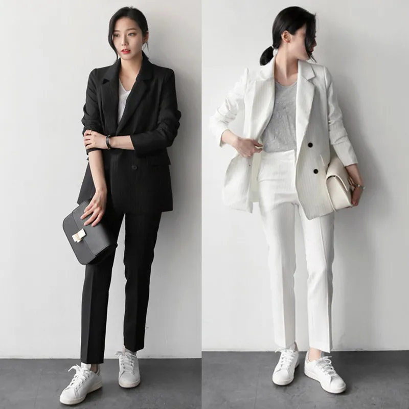 Maxdiroo, Модный комплект из 2 предметов, брючный костюм, двубортный полосатый Блейзер, пиджак+ прямые брюки, деловой костюм для женщин