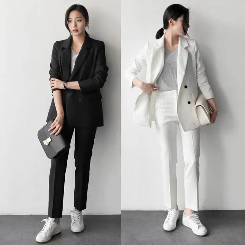 

Maxdiroo 2018 Fashion 2 Piece Sets Pant Suits Double Breasted Striped Blazer Jacket+Straight Pant Work Office Lady Suit