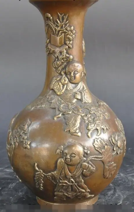 

song voge gem S7342 10"chinese bronze Happiness Boy Children longevity statue Bottle Pot Vase Jar