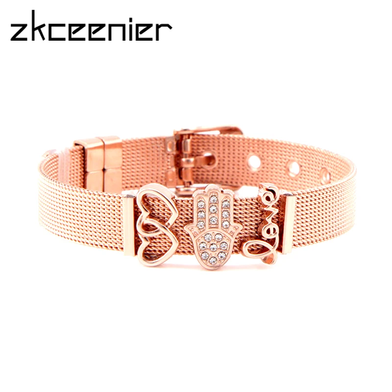 

New Hot Stainless Steel Adjustable Mesh Bracelets Heart Love Crystal Charms Brand Bracelets for Woman Valentine's Day Gifts