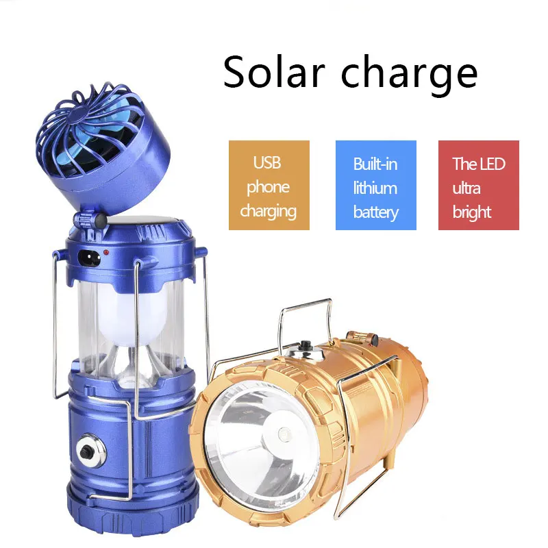 

Portable USB Solar LED with Fan Lantern Outdoor Light Multi Function Tent Lamp Recharge for Camping Hiking Emergency Flashlight