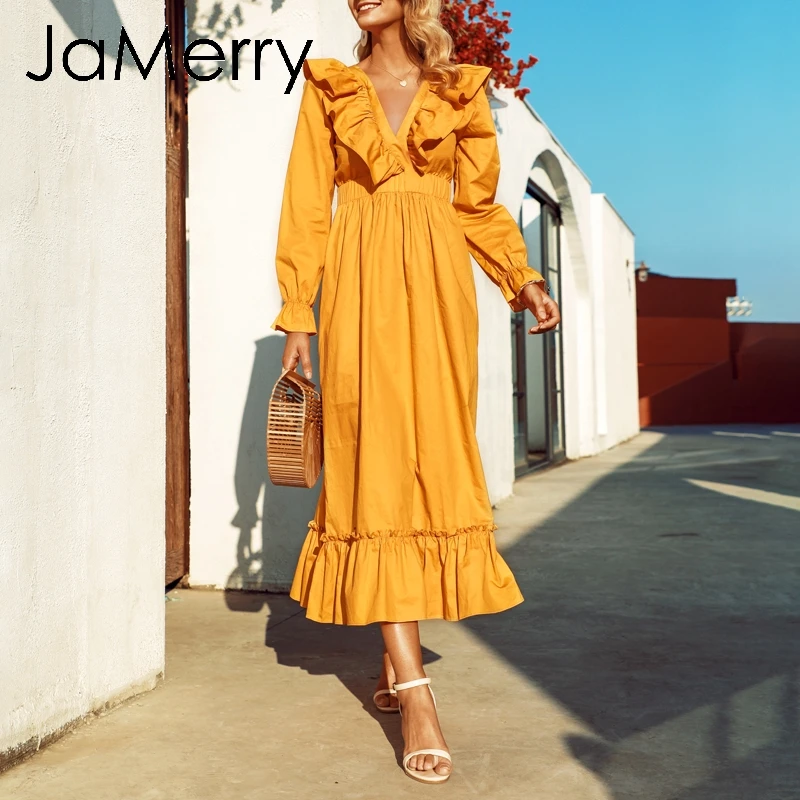 Женское платье макси с рюшами JaMerry желтое однотонное хлопковое лолиты рукавами