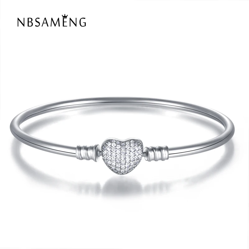 

Authentic 100% 925 Sterling Sliver Heart Clasp With Cubic Zirconia Snake Chain Bangle Fit Pan Women Bracelet & Bangle Jewelry