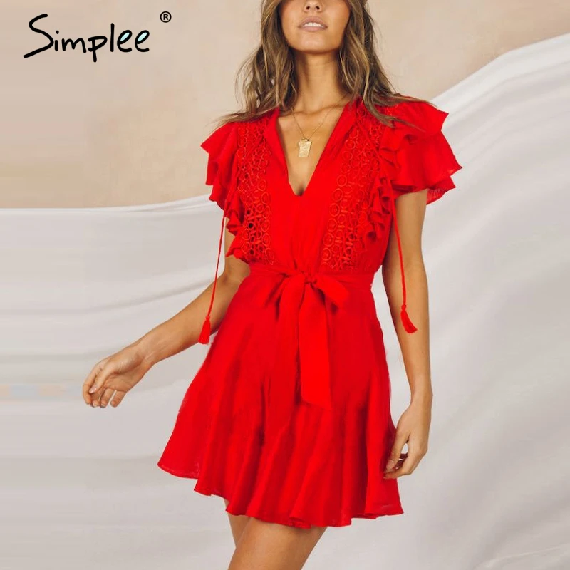 Simplee Sexy v образным вырезом кружевное короткое платье женские элегантные летние