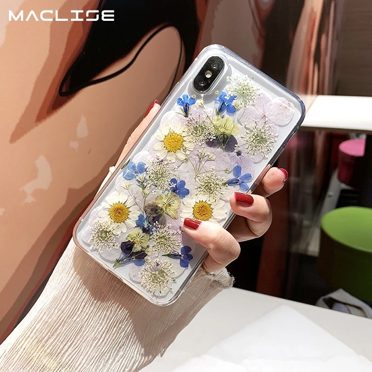 

For iPhone X XR XS Max Phone Cases Real Flower DIY Dried Pressed Transparent TPU Cover For iPhone 6 6s 7 8 Plus Cases