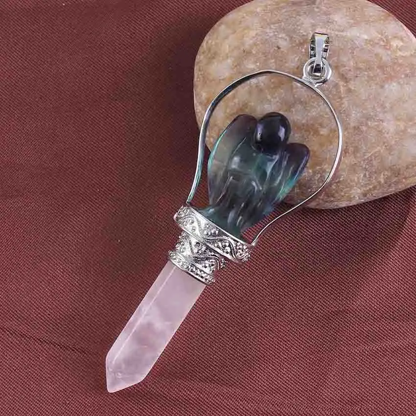 Natural Gnergy Gemstone~ Natuarl Healing Crystal Quartz Hexagonal Carve Angel Stone Pendulum Pendant Fluorite Pink Quartz Opalite Opal Women Jewelry 4 AA00201024302a