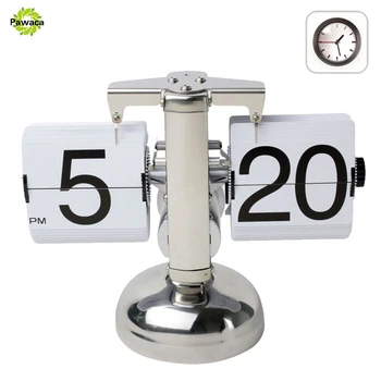 

Pawaca Creative Table Clock Retro Flip Down Desk Clock Internal Gear Operated Modern Page Turning 12 Hour AM/ PM Deskstop Clock