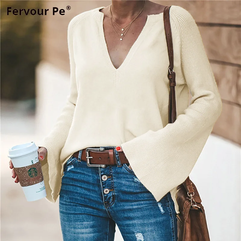 

2019 Autumn winter Fashion commuting Women sweaters V-neck Horn Sleeve Knitted Shirt MY19045