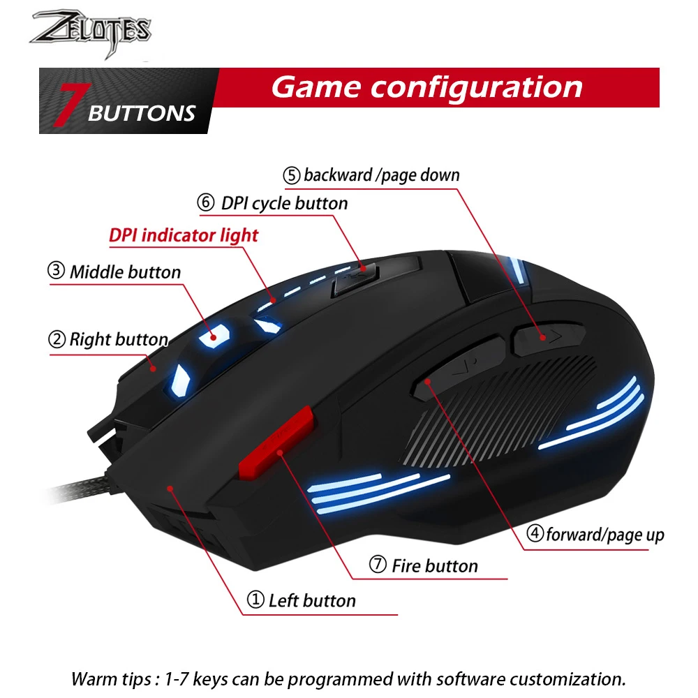 ZEALOT T-60, Проводная игровая мышь, 7 кнопок, 3200 dpi, 4 цвета, светодиодный светильник, оптическая USB компьютерная геймерская мышь для ПК и ноутбука