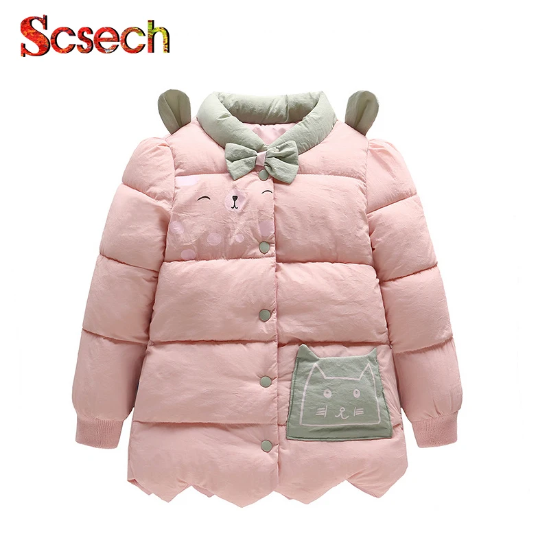 

New Cute Baby Girls Jackets Cat Printing Bow Autumn Winter Jacket Kids Warm Hooded Children Outerwear Coat Girls Clothes SSA57