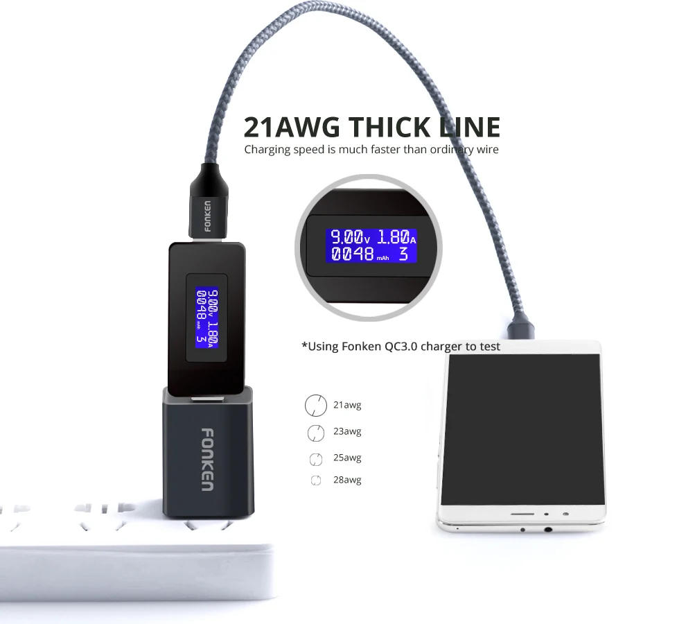 Кабель FONKEN с нейлоновой оплеткой type-C к USB кабель быстрого зарядного устройства 2128AWG 2.4A Быстрая зарядка данных Реверсивный USB C кабель для телефона