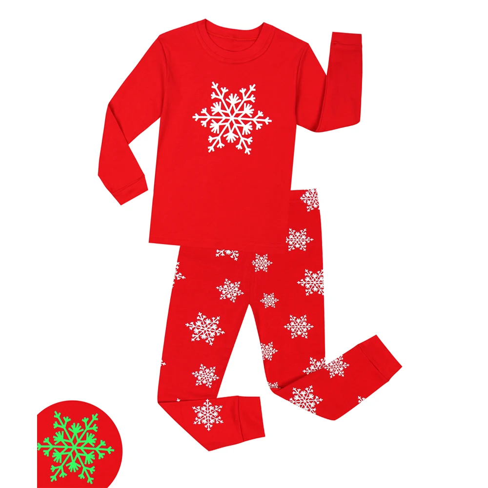 Рождественские пижамы для мальчиков и девочек; хлопковые рождественские пижамные комплекты со снежинками; Светящиеся в темноте детские пижамы из 2 предметов; детская одежда; пижамы